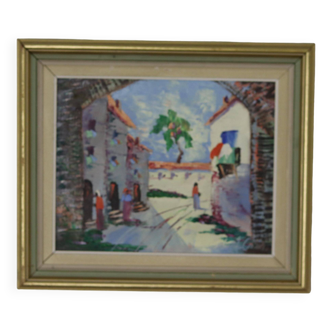 Peinture à l'huile sur toile moderniste suédoise originale des années 1950 « Street View » par CHARLES SCHÖLANDER