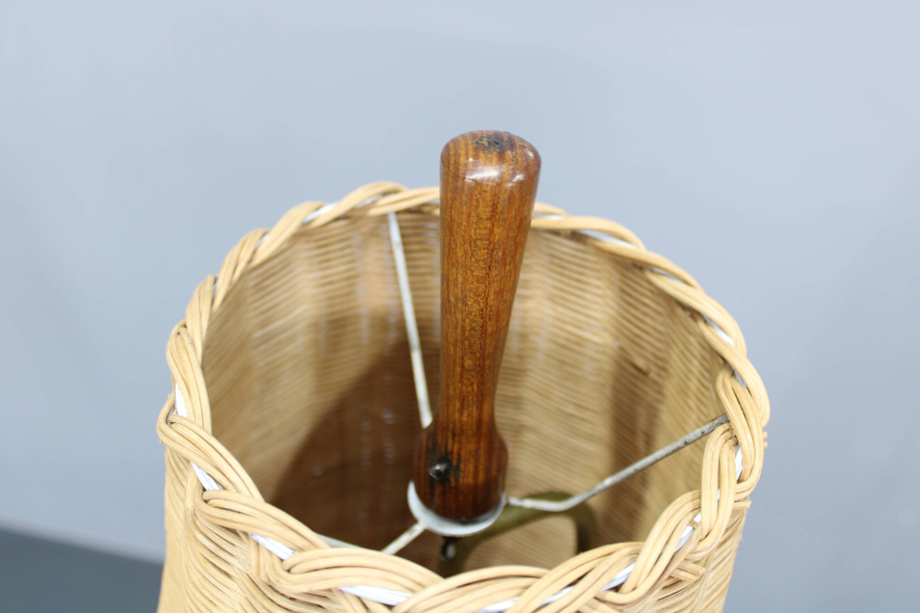 1960s Parker Knoll wooden table lamp with wicker shade, Britain