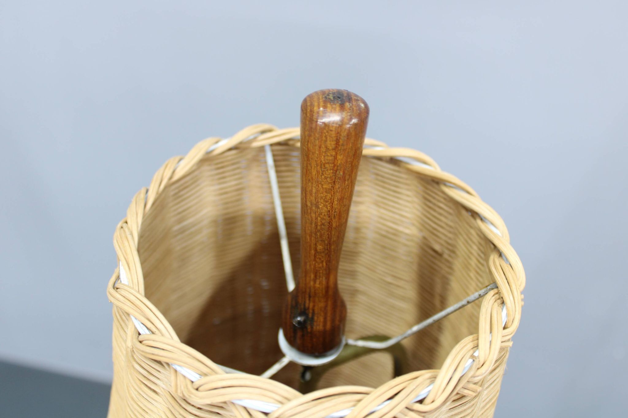 1960s Parker Knoll wooden table lamp with wicker shade, Britain