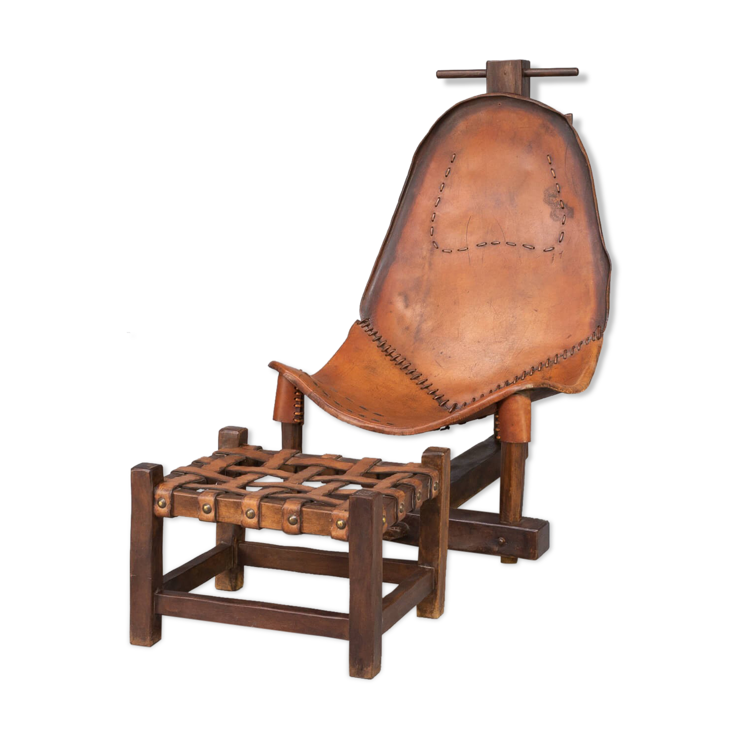 60s Brazilian brutalist patchwork leather lounge fauteuil with hocker