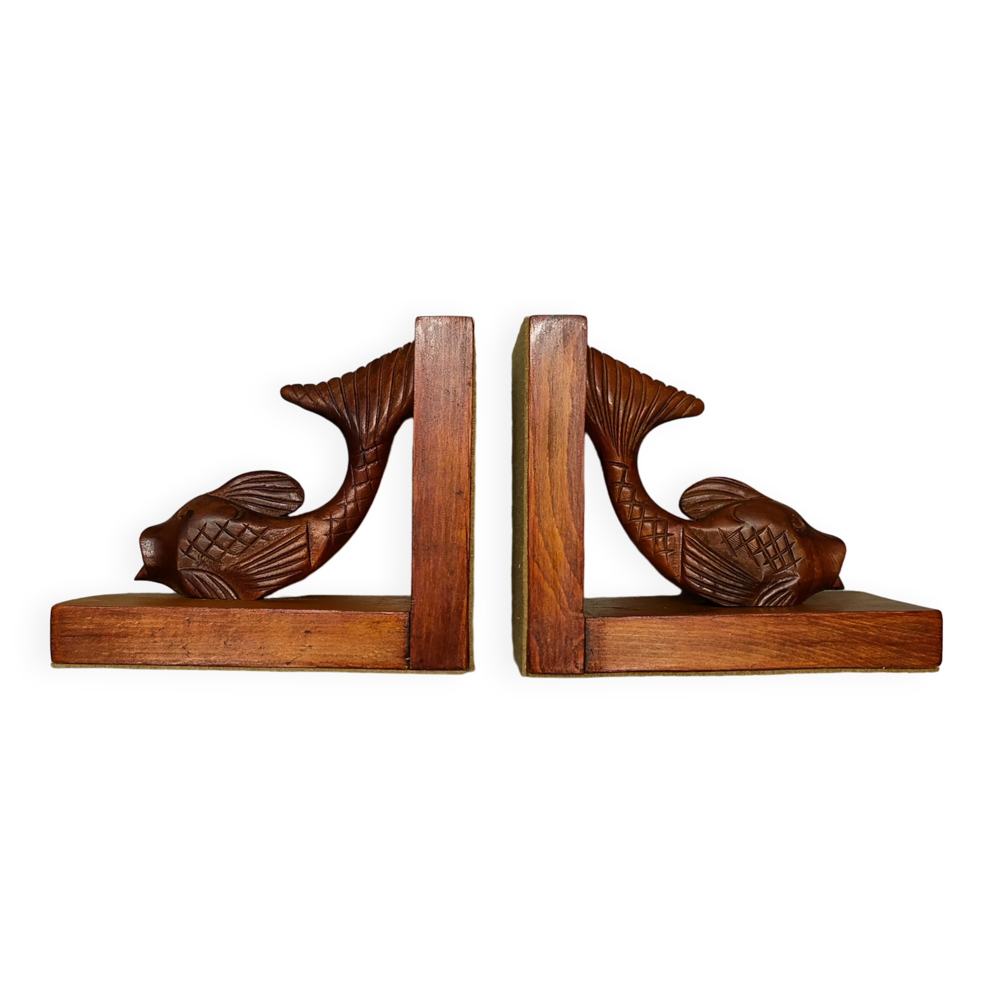 Pair of hand-carved art-deco fish bookends - 30s