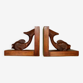 Pair of hand-carved art-deco fish bookends - 30s