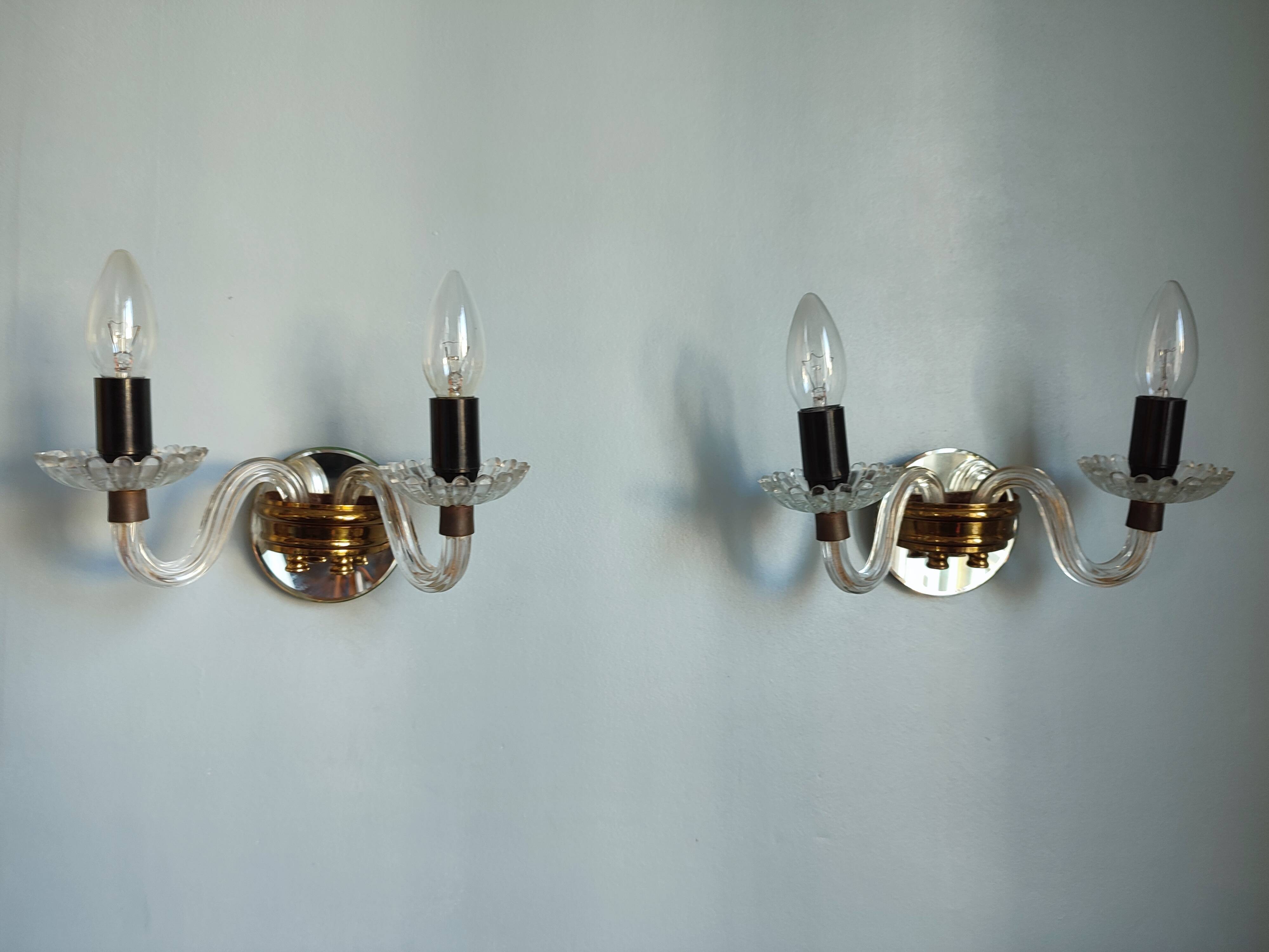 Pair of vintage glass/mirror two-arm wall lights