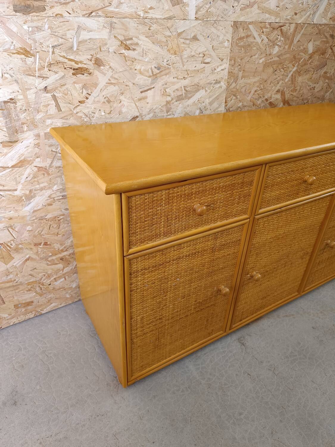 Vintage wooden rattan wicker buffet enfilade