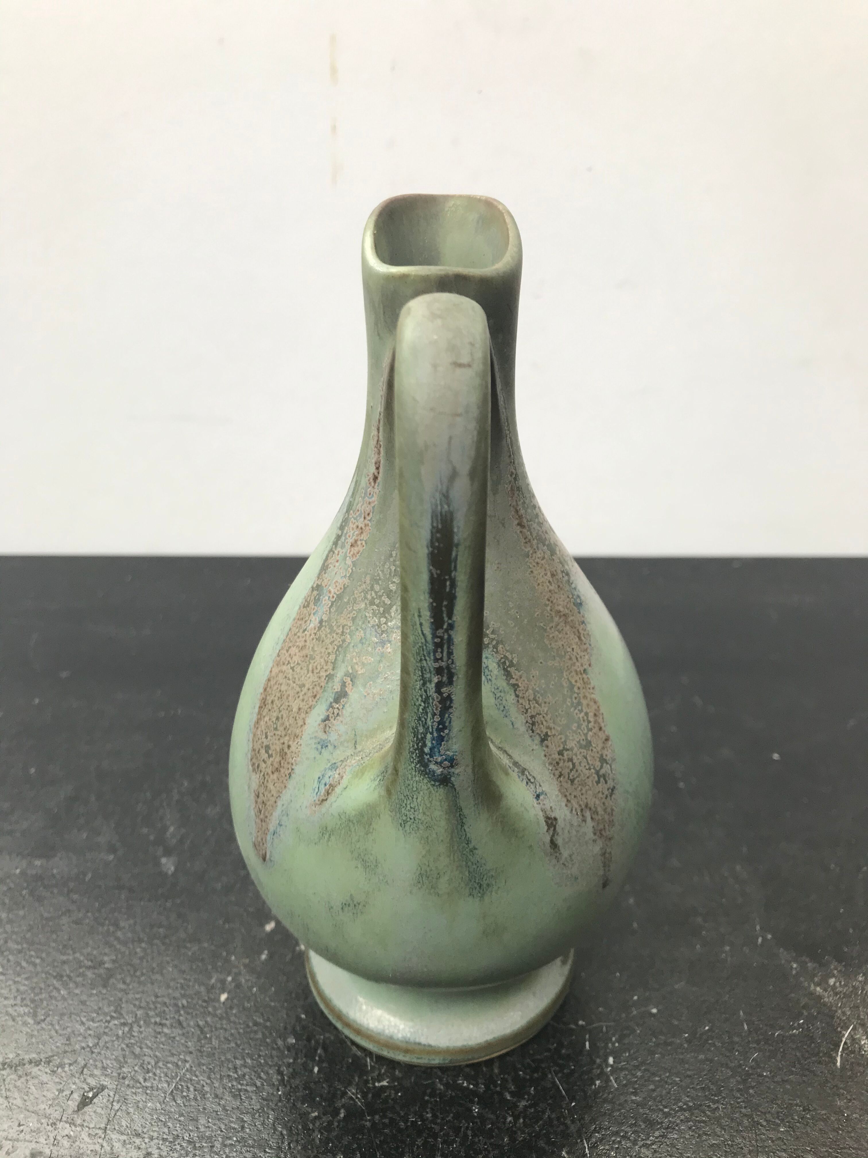 Former Green Ceramic Pitcher Signed 70s Vintage