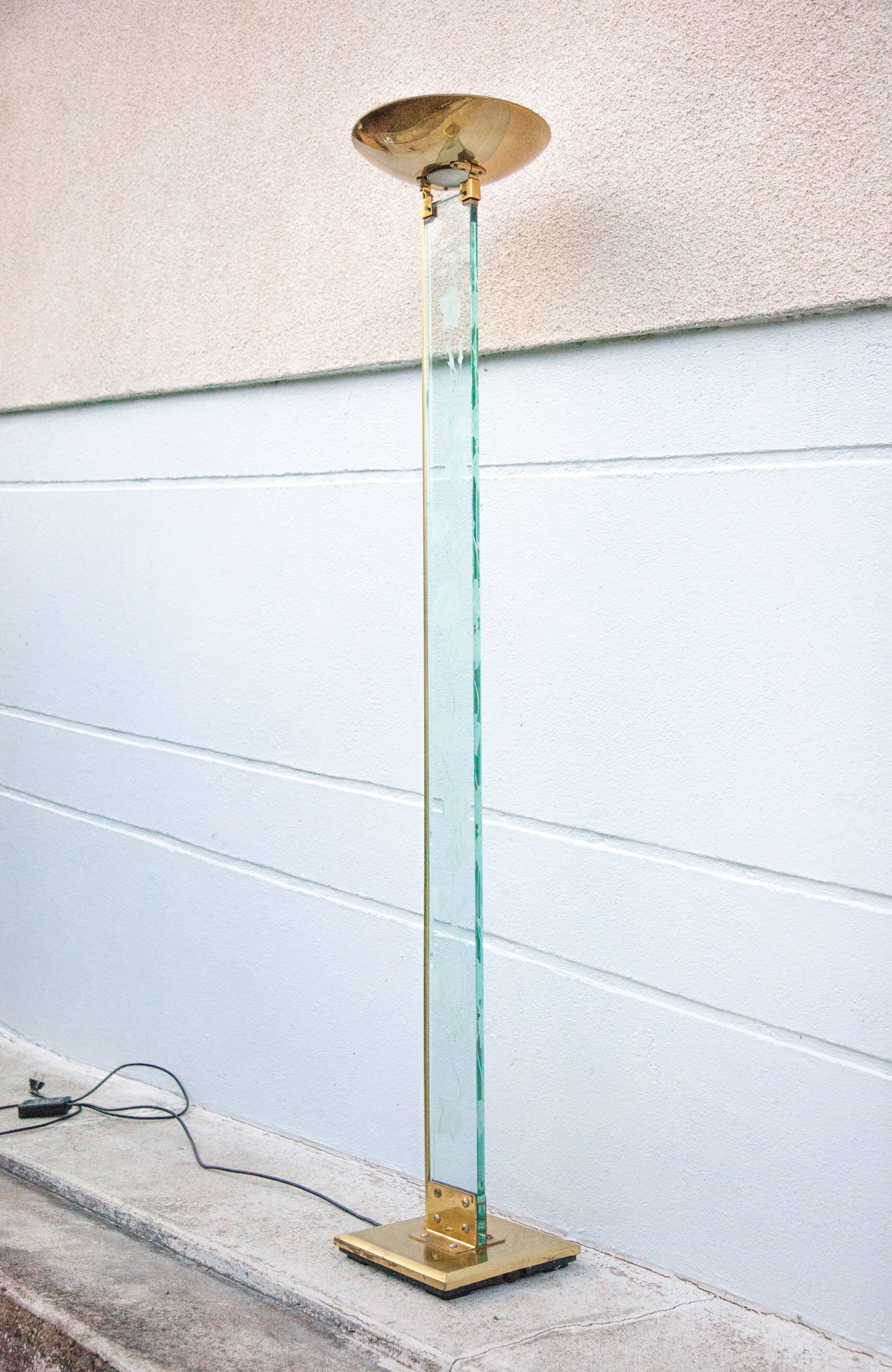 Floor lamp, brass halogen and engraved glass, attributed to Max Baguara, design lamp, 80's