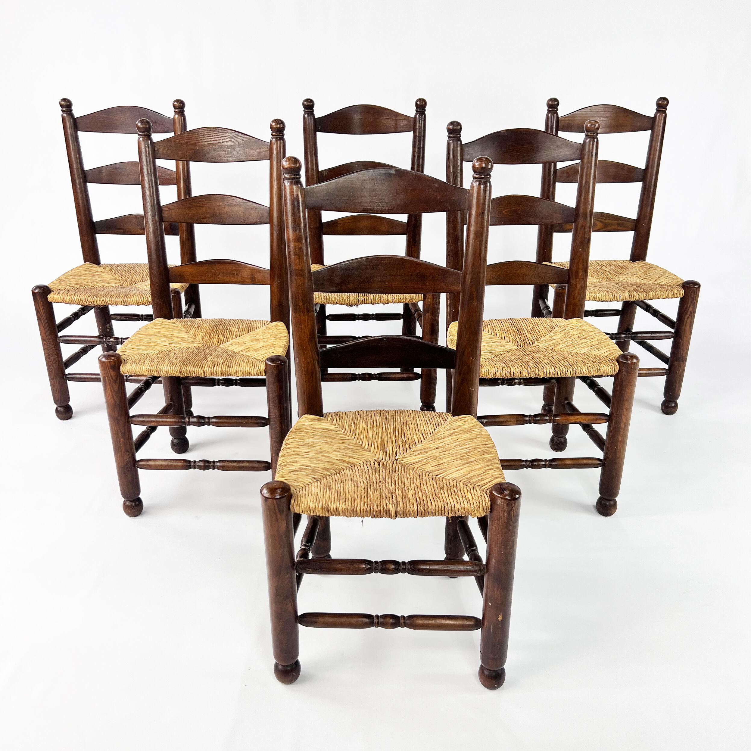 Set of 6 french antique rush and oak dining chairs, 1900s