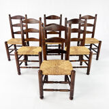 Set of 6 french antique rush and oak dining chairs, 1900s