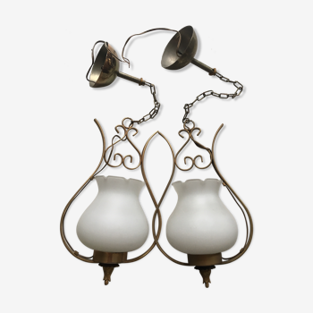 Pair of white tulip and brass pendant lamps