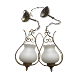 Pair of white tulip and brass pendant lamps