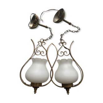 Pair of white tulip and brass pendant lamps