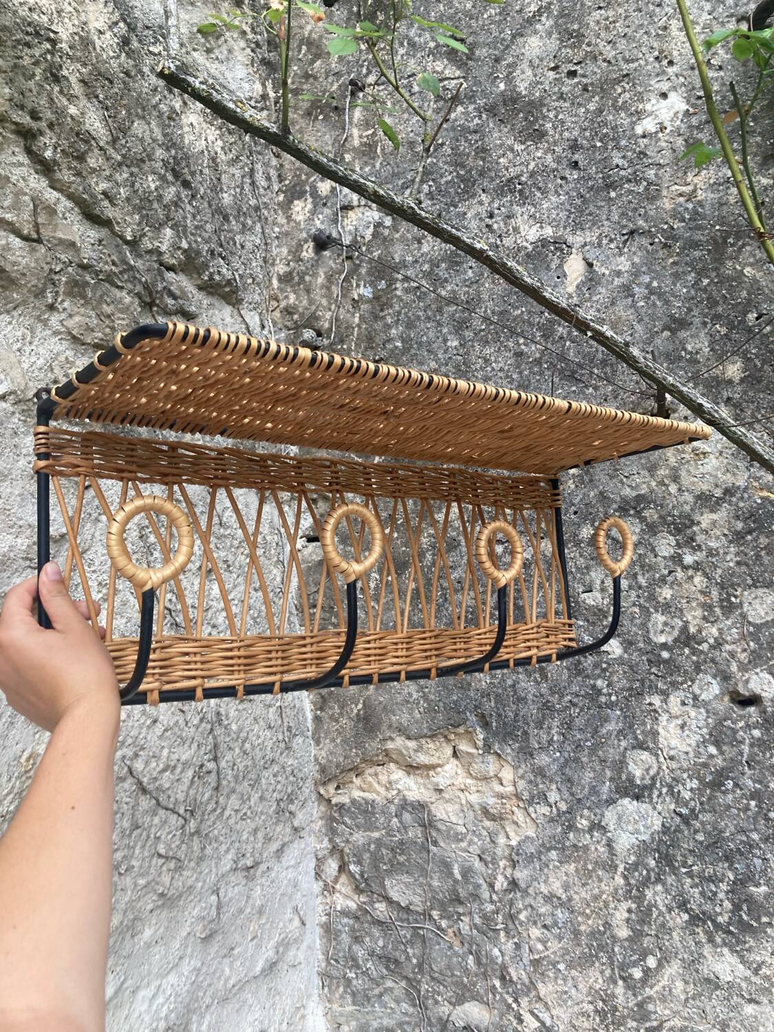 Vintage rattan wall coat rack