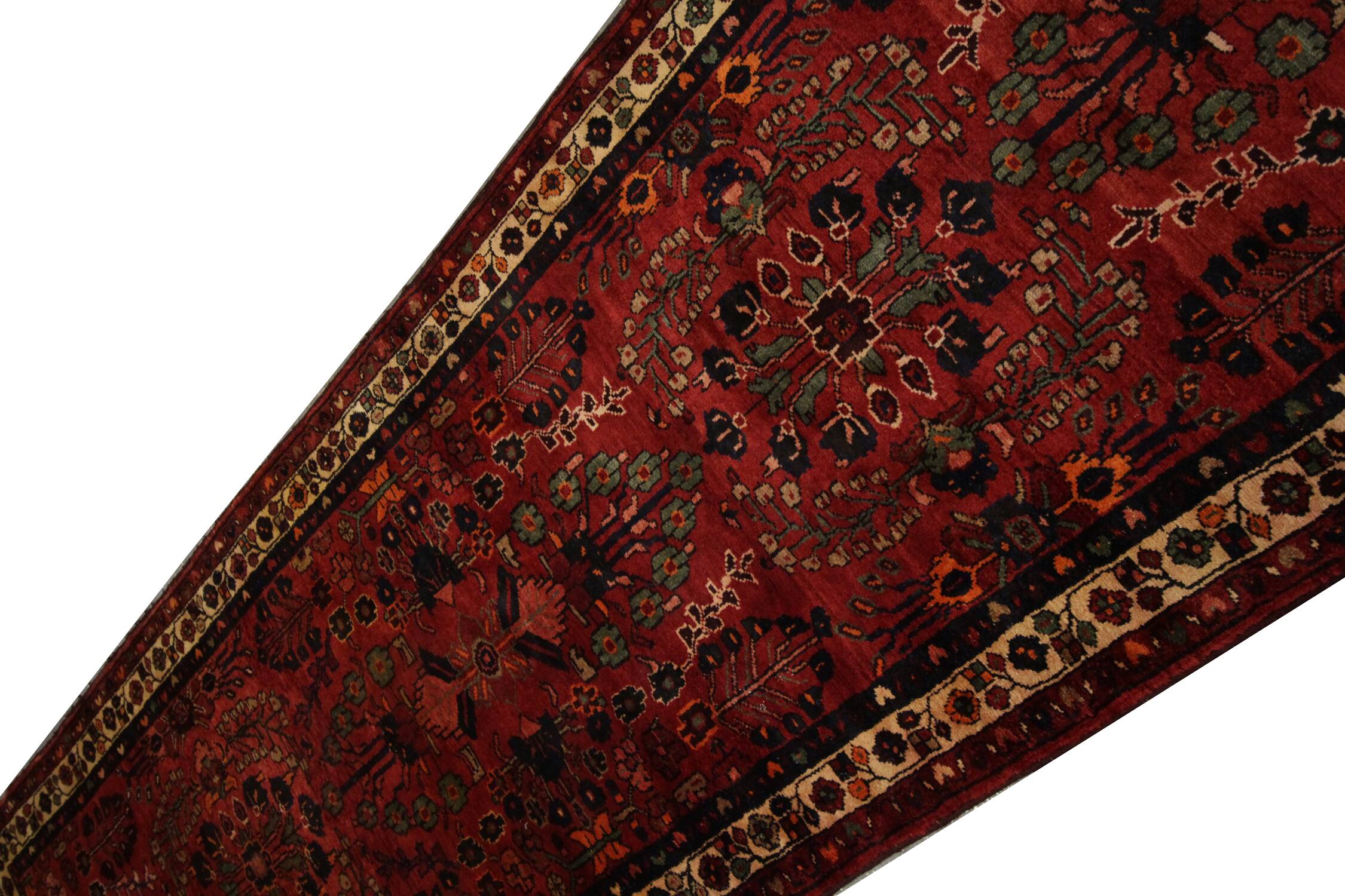Tapis de couloir vintage en laine à motif floral rouge bordeaux, tapis oriental des années 1950, 110 x 350 cm