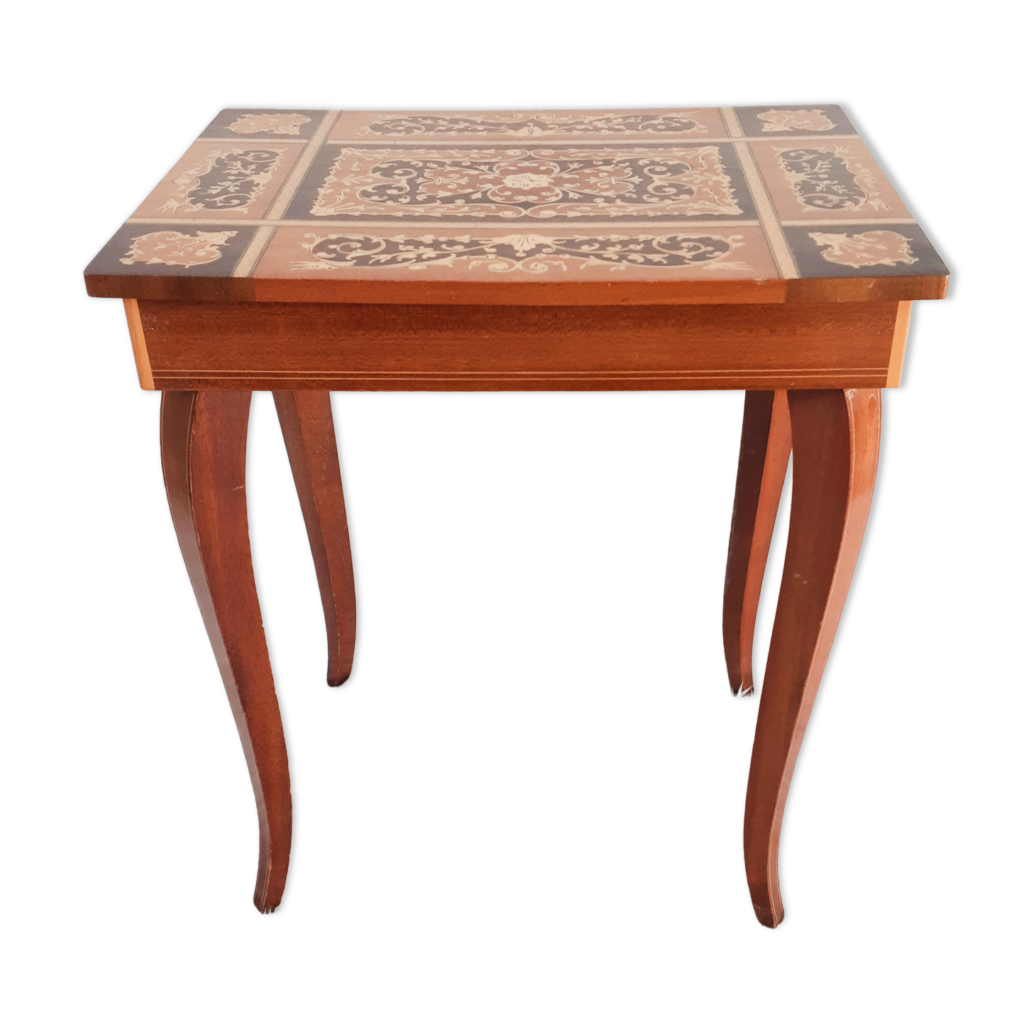 Music box table, jewelry box, inlaid wood, side table, bedside, vintage (2)