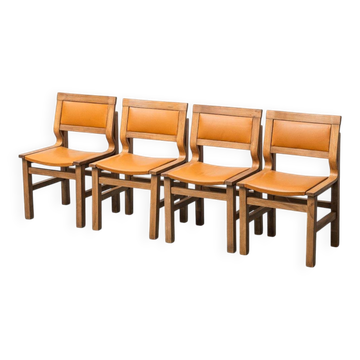 Set de 4 chaises vintage en bois et simili cuir Italie années 70
