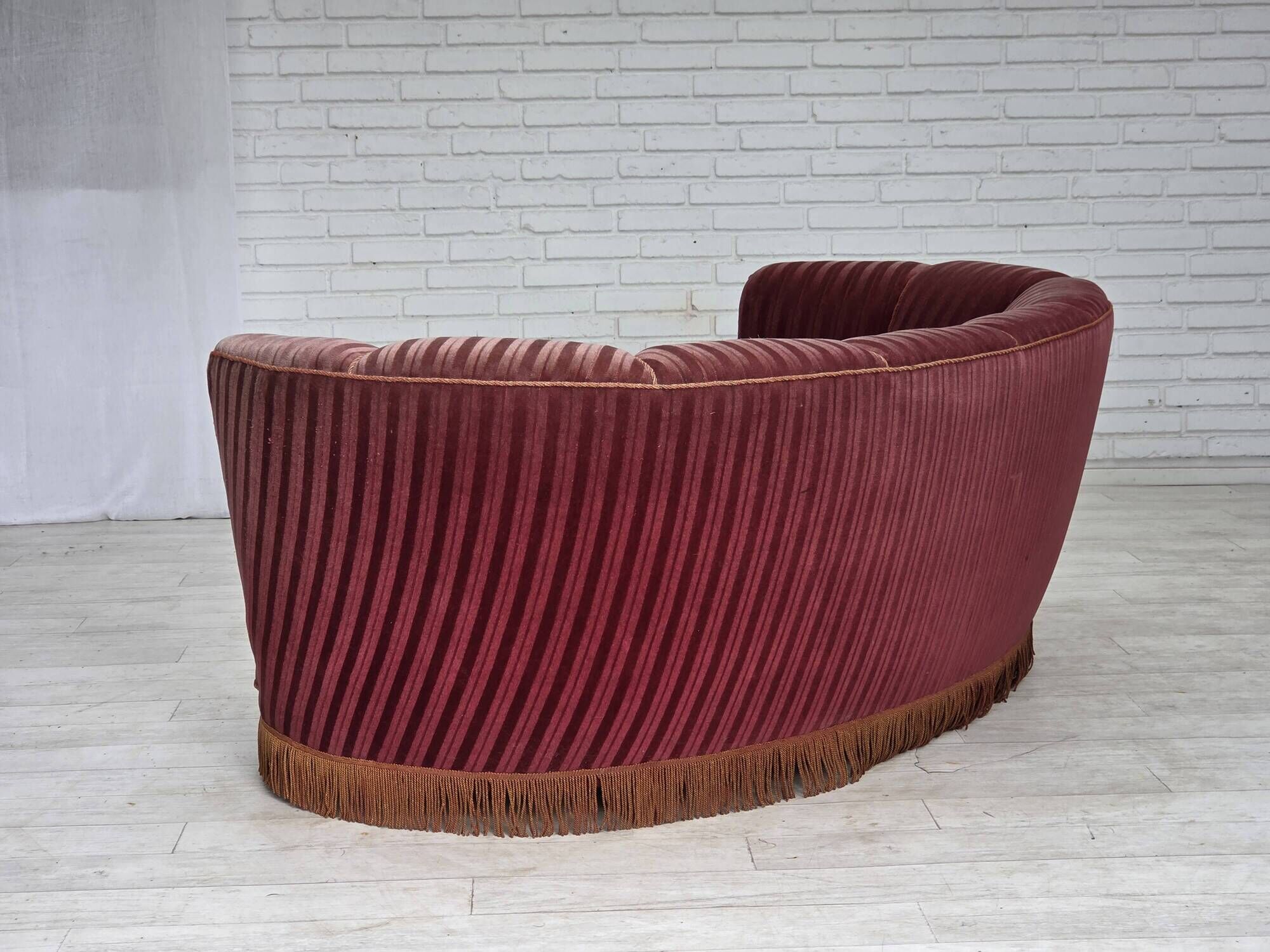 1960s, Danish 2-seater "Banan" sofa, furniture velour, oak wood.