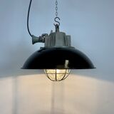 Black enamel and cast iron industrial cage pendant light , 1950s