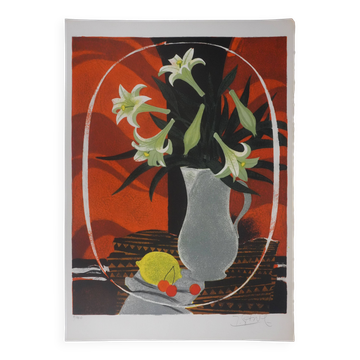 Yves ganne : les lys sur fond orange, lithographie originale signée