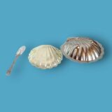 Vintage stainless steel and glass shell butter dish with knife - in its box