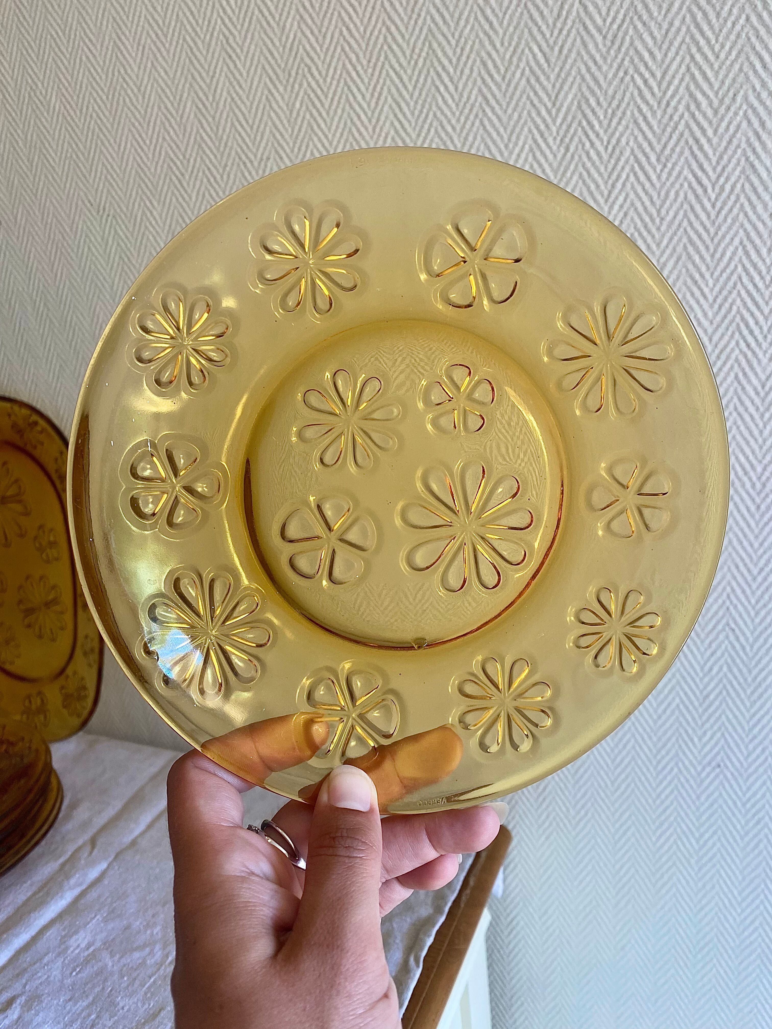 Service assiettes vereco ambré décor floral