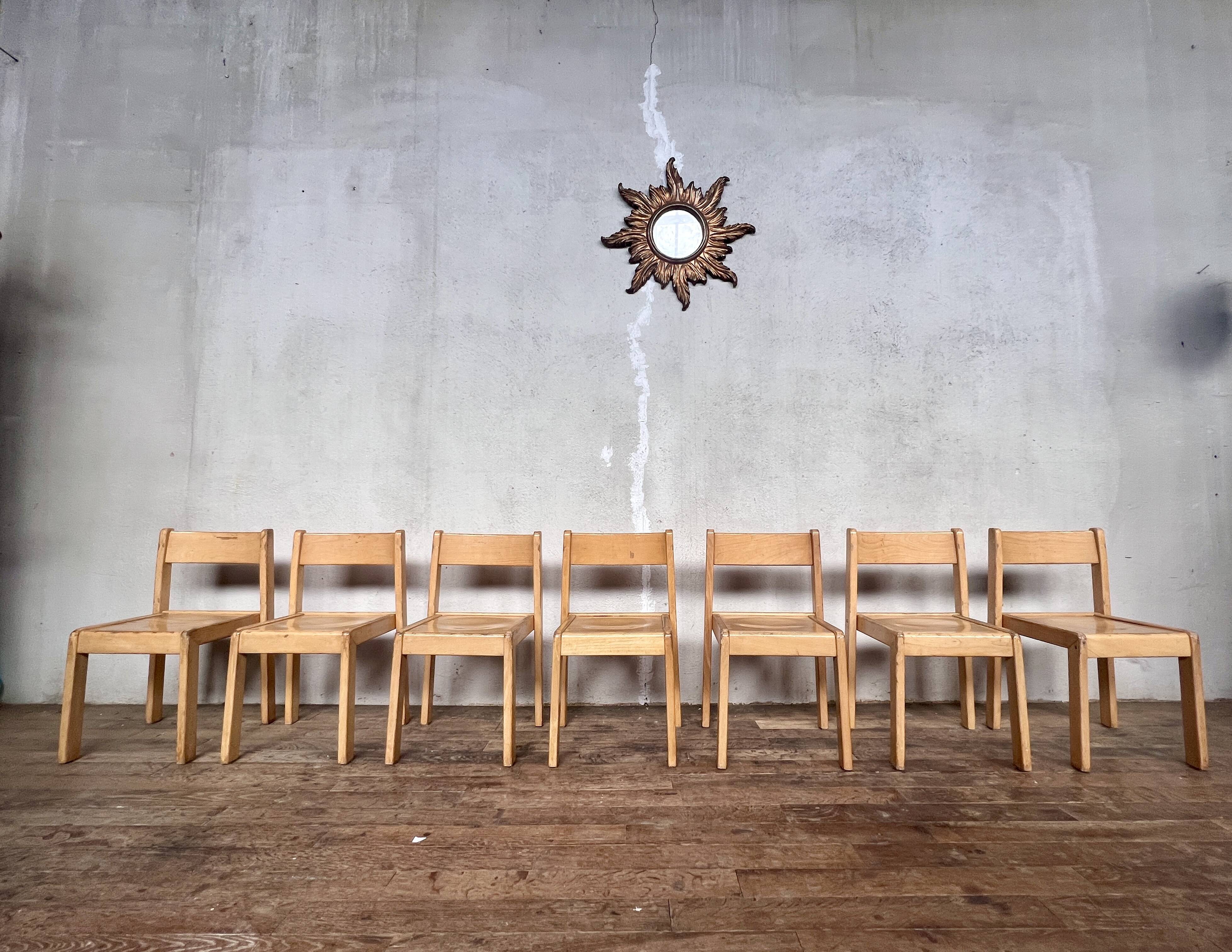 Series of 7 vintage Scandinavian bohemian wooden children's chairs