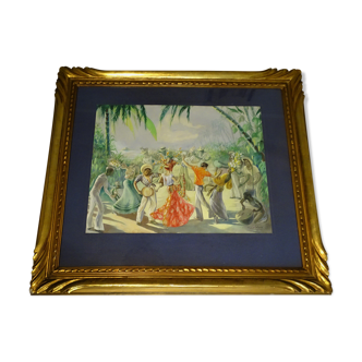 Tableau Gouache Brésil scène de danse signée Sotorra datée 1951