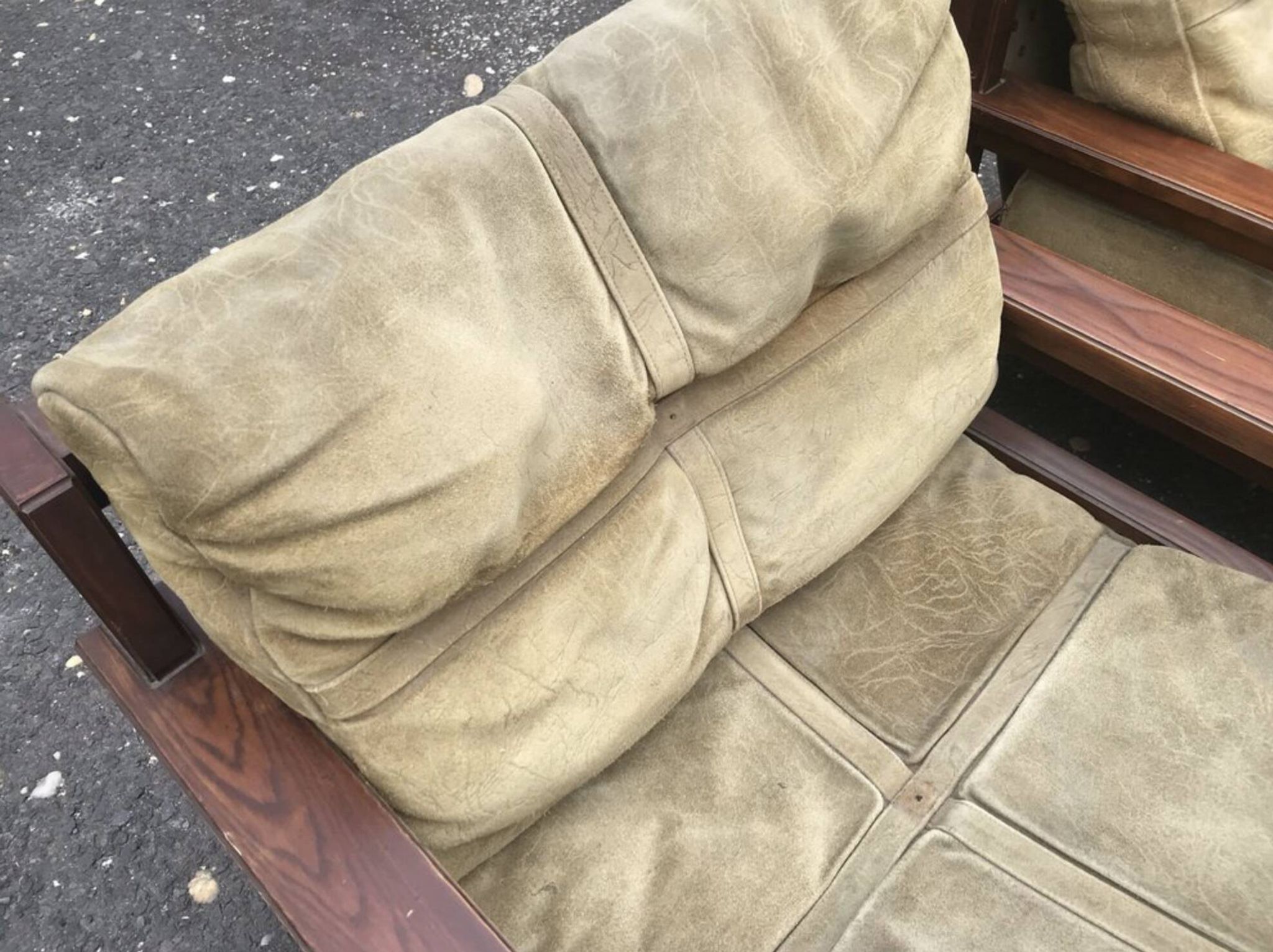 Fauteuils en bois et cuir avec pouf, ensemble de 4