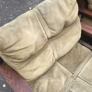 Fauteuils en bois et cuir avec pouf, ensemble de 4