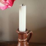 Small vintage marbled stoneware candle holder with handle
