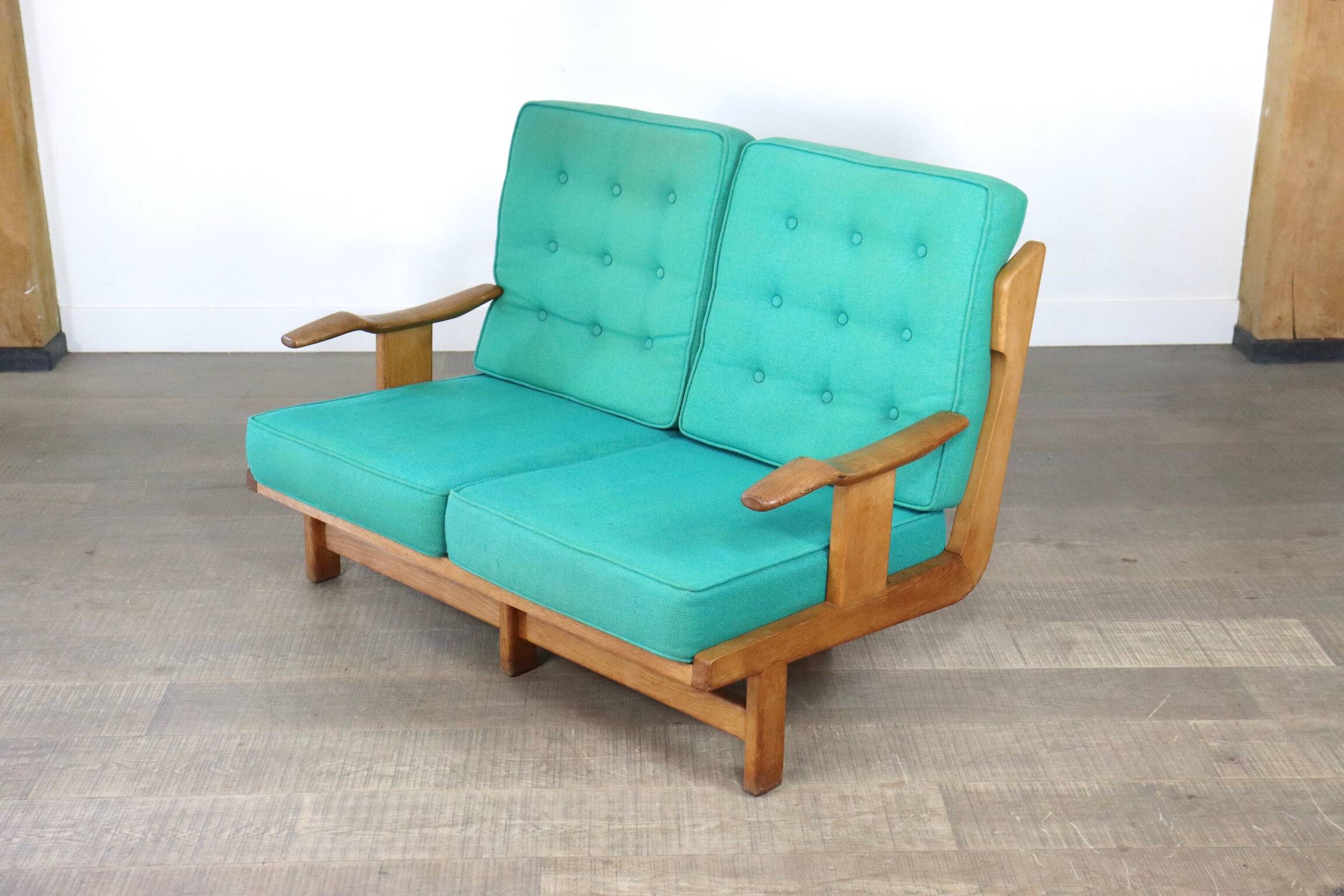 Rare Guillerme & Chambron Solid Oak Sofa, France 1960s