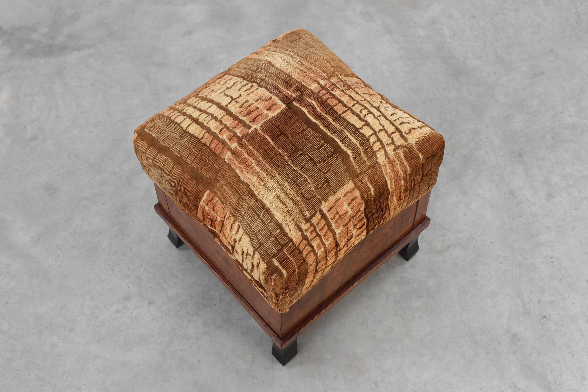 Pair Art Deco walnut stools with original velvet upholstery, Italy 1920s