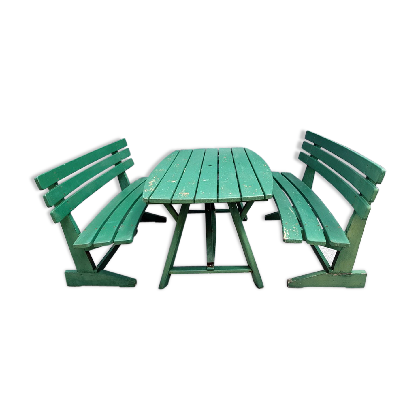 Wooden garden furniture, one table, two benches year 60