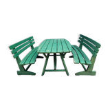 Wooden garden furniture, one table, two benches year 60