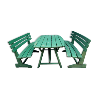 Wooden garden furniture, one table, two benches year 60