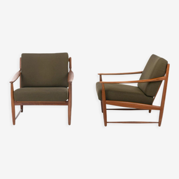 Pair of Danish easy chairs in teak and khaki green fabric