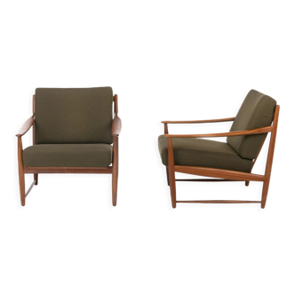 Pair of Danish easy chairs in teak and khaki green fabric