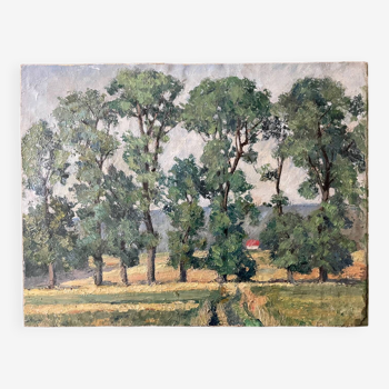 Impressionist landscape painting of poplars late 19th century early 20th century