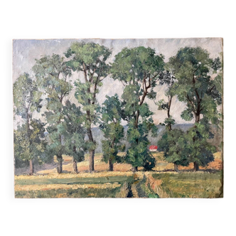 Impressionist landscape painting of poplars late 19th century early 20th century