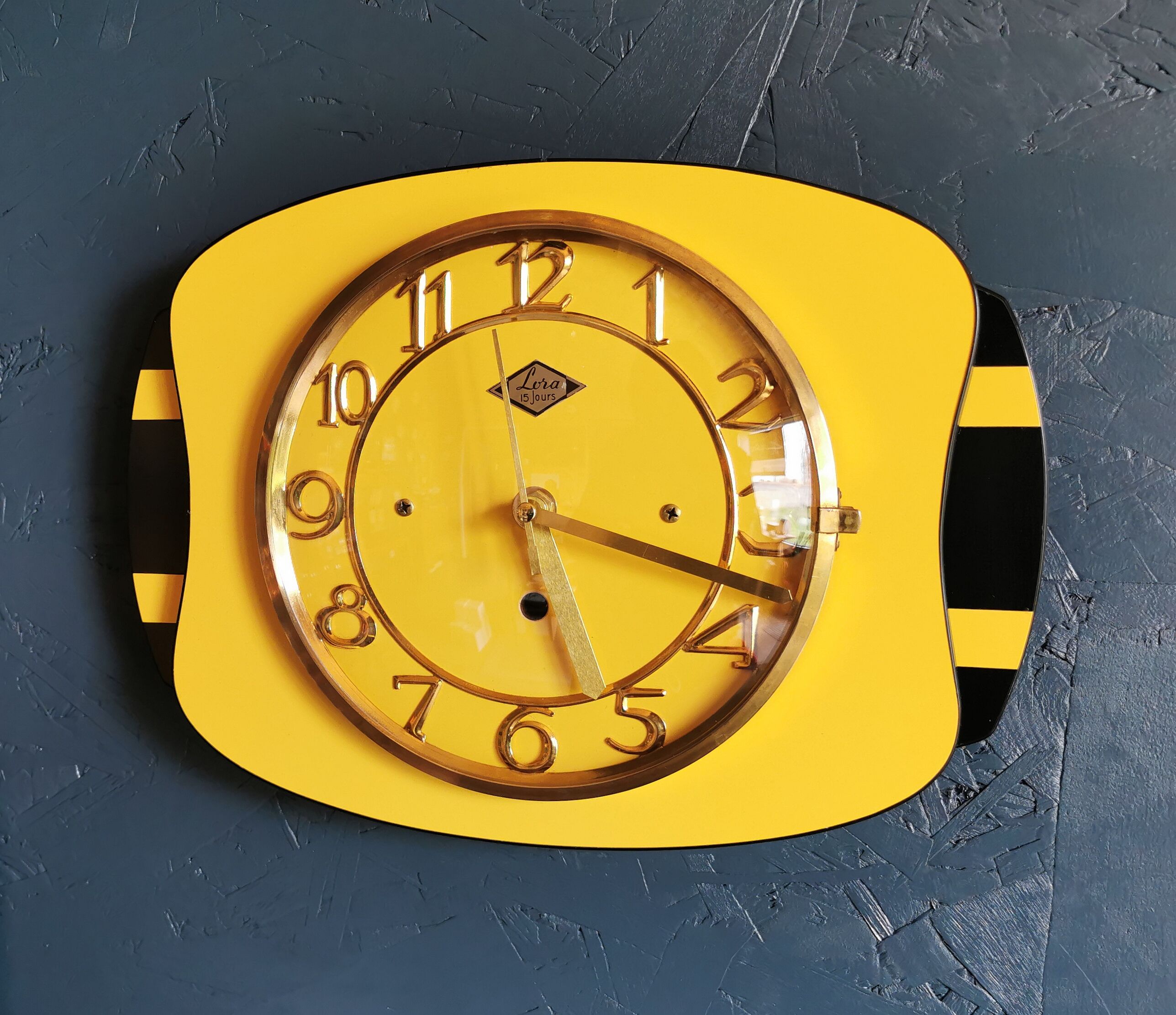 Vintage formica clock rectangular silent wall clock "Lora yellow black"