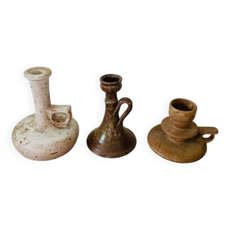 Bougeoirs dépareillés en grès vintage