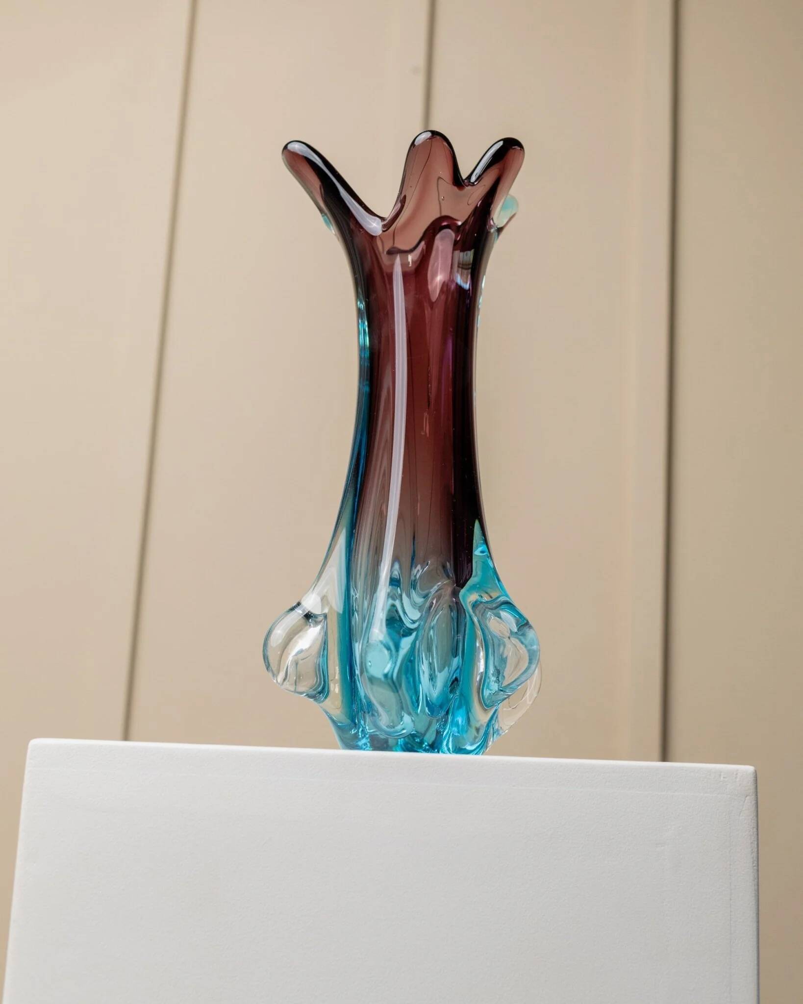 Fratelli Toso Murano Vase in Turquoise and Aubergine Glass XL Mid-Century Italian Art Vase, 1950s