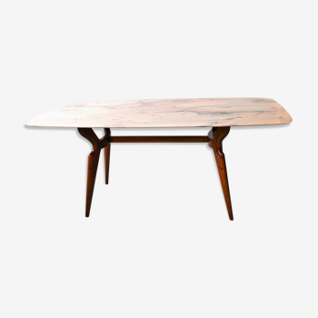 Italian dining table with sculptural beech base and pink marble, 1950s