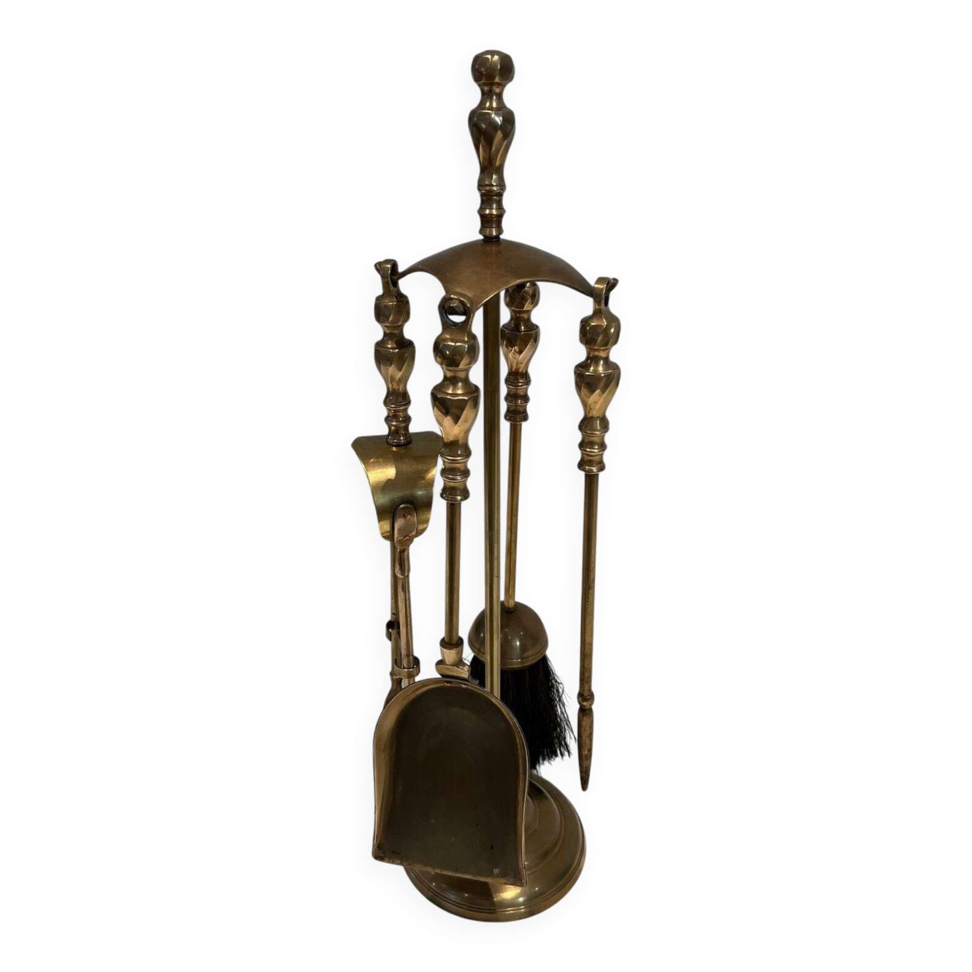Neoclassical Brass Fire Tool Set with Arch and Ornate Balls.