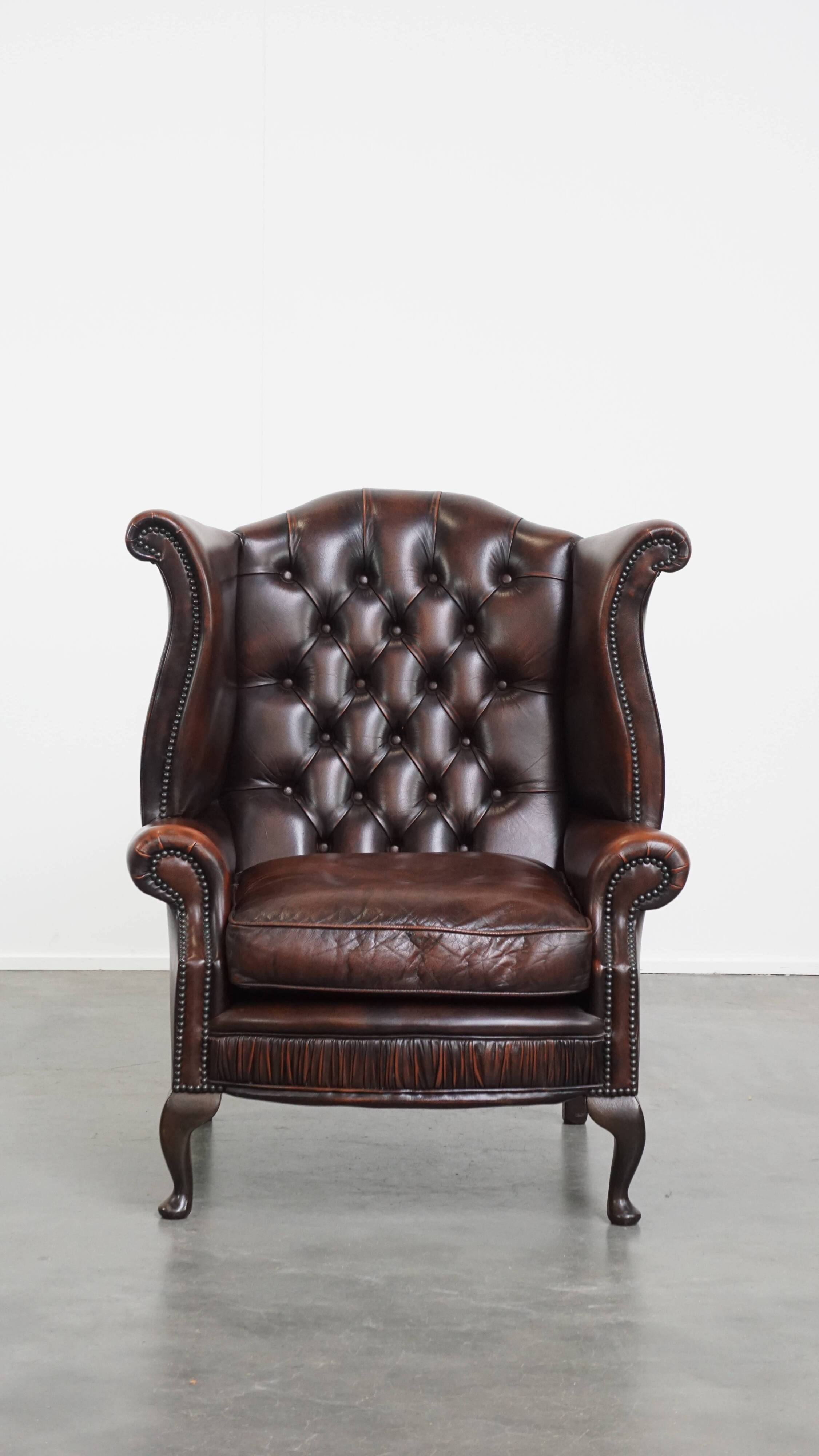 Brown Cowhide Leather Chesterfield Wingback Chair