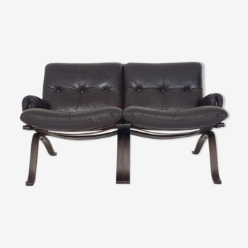 Brown leather two-seater sofa, Norway 1970's