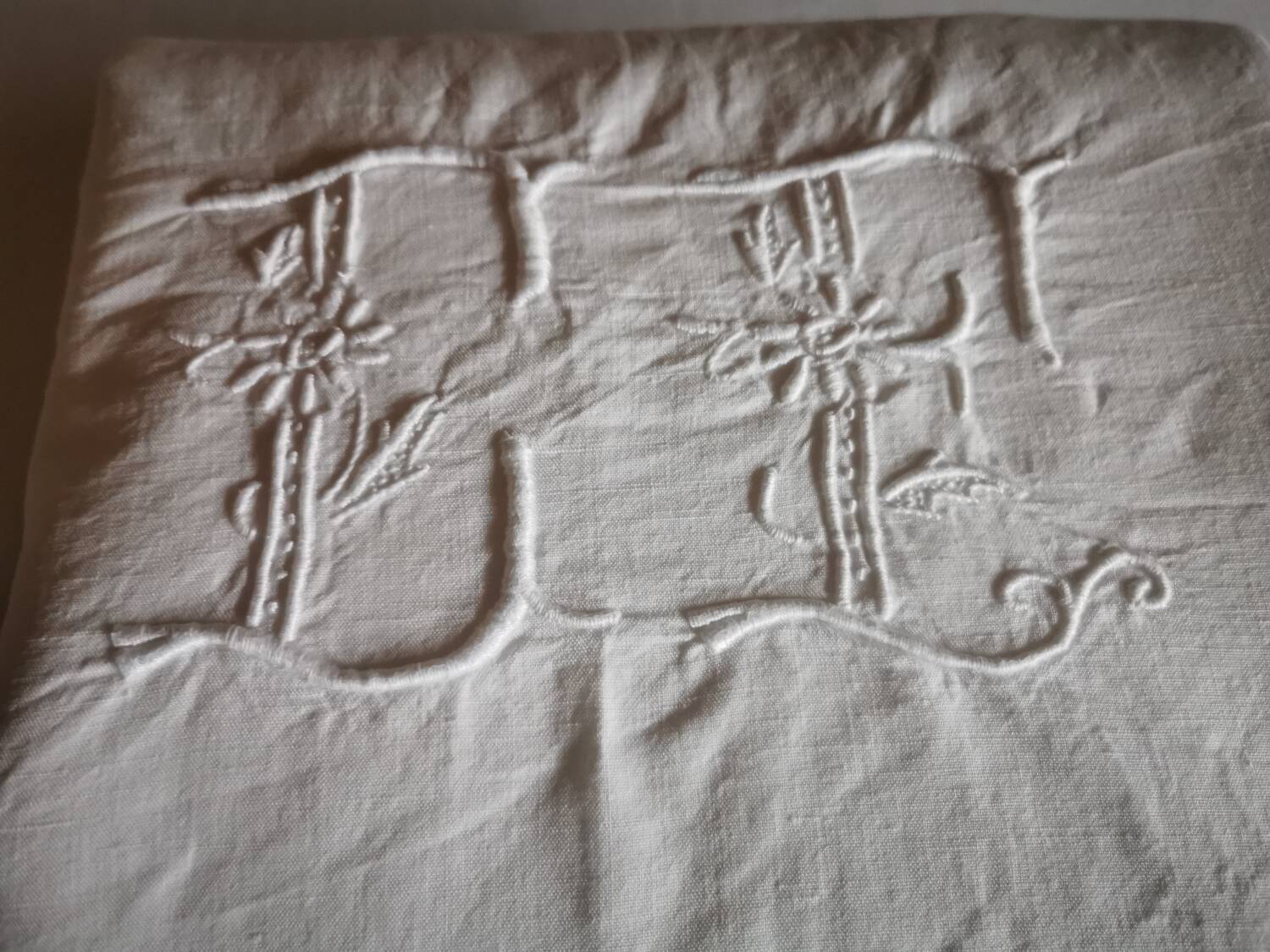 Old large linen sheet monogrammed CP