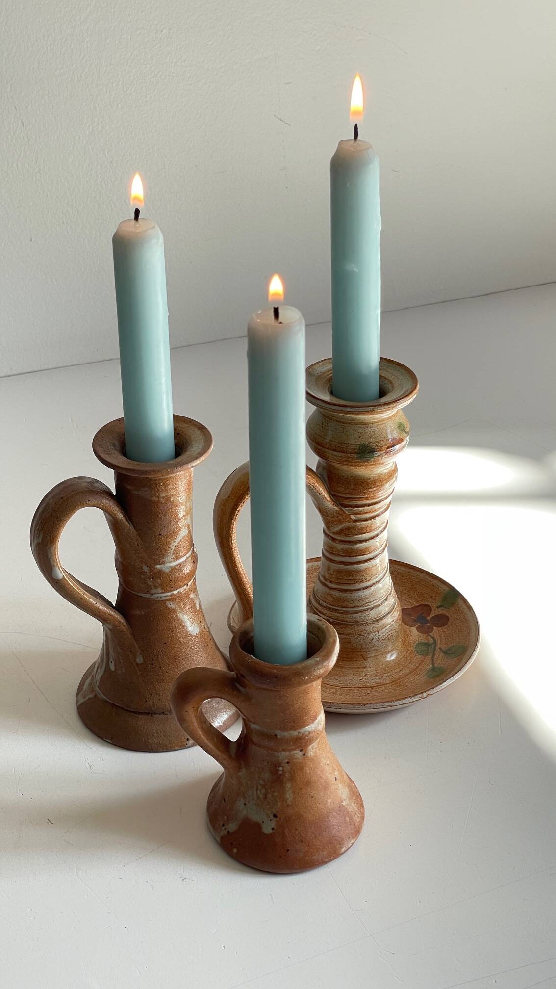 3 vintage handcrafted pottery candle holders