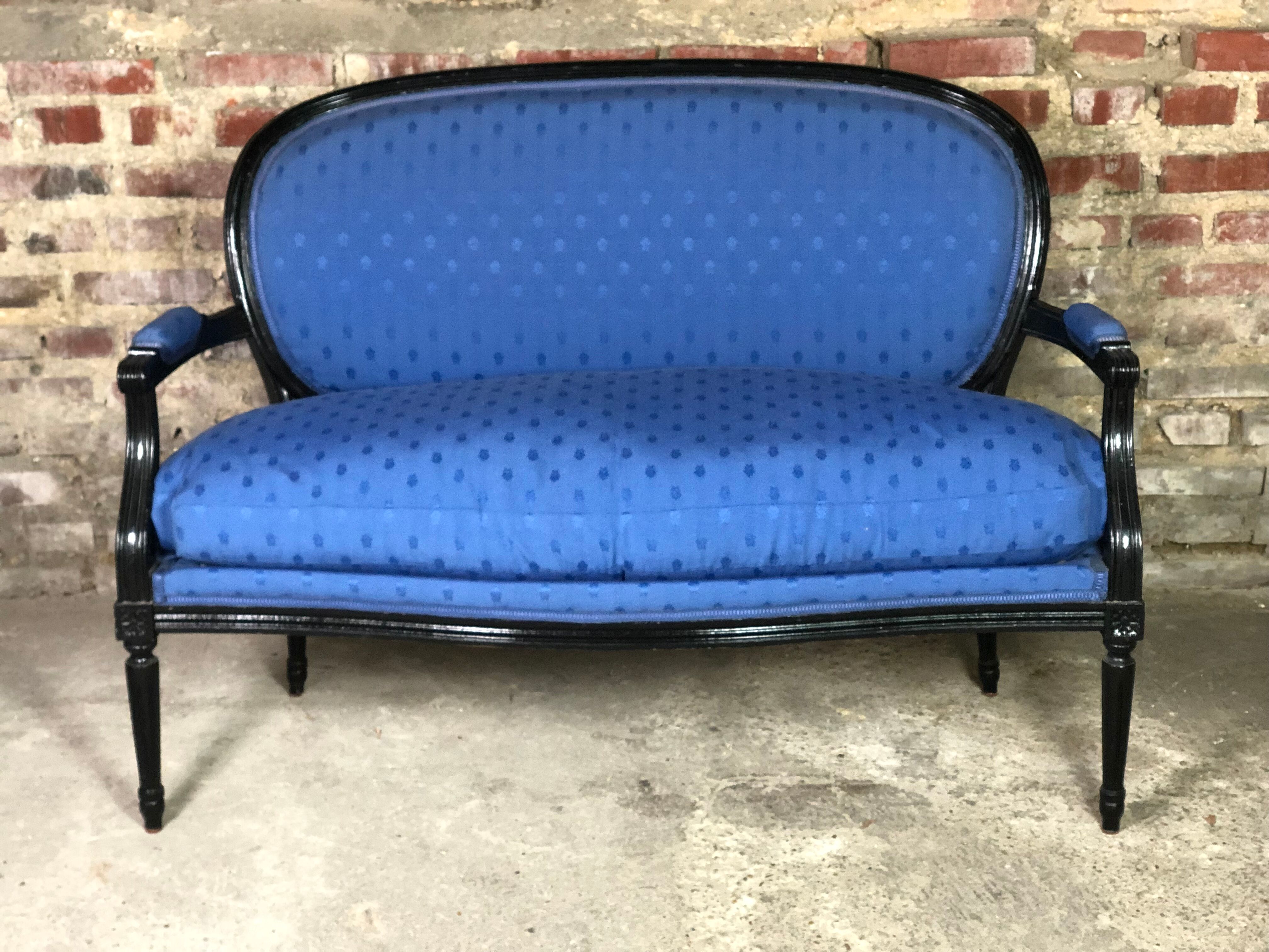 Louis XVI style bench in black wood and blue fabric