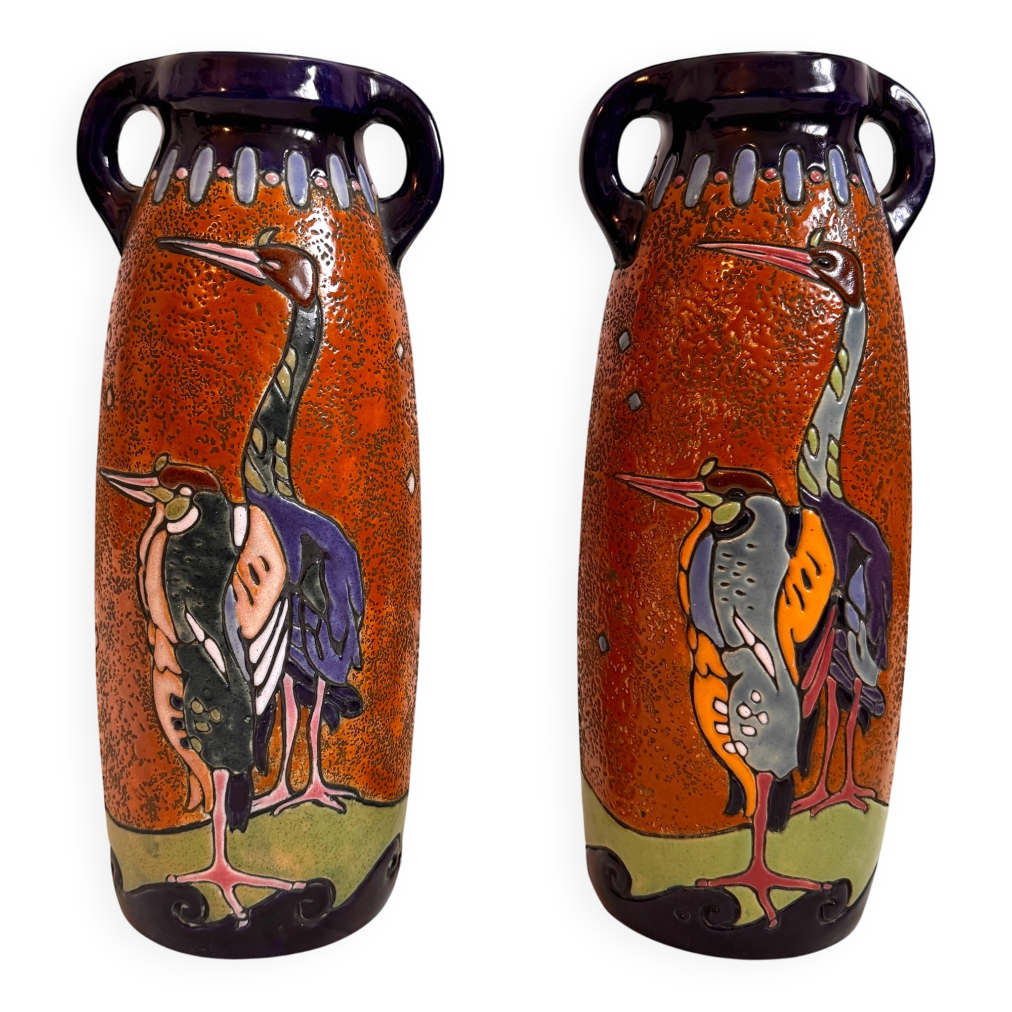 Pair of Art Deco Amphora Vases – Bohemia 1920s – Birds – 38 cm