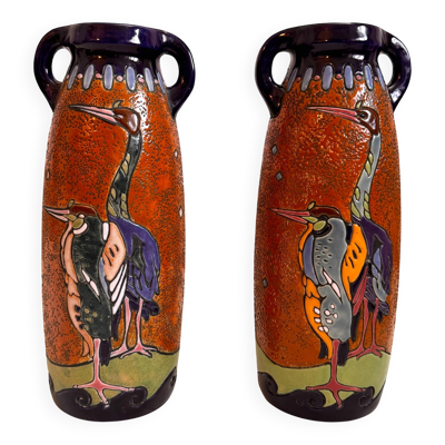 Paire vases Amphora Art Déco – Bohême années 20 – Oiseaux – 38 cm